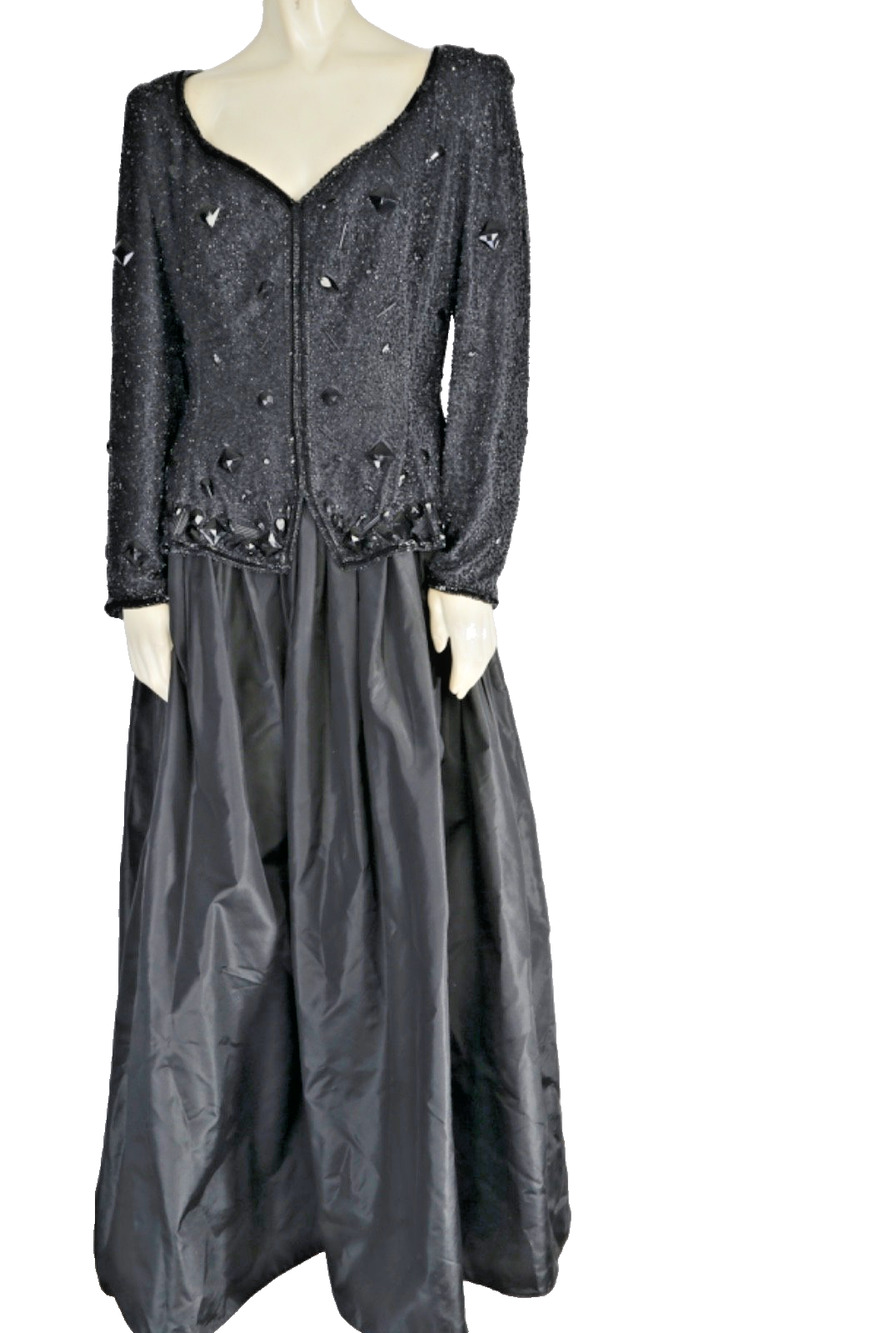 VTG 80s Fabrice NY Couture Black 100% Silk Sequin Beaded Evening Gown Dress M
